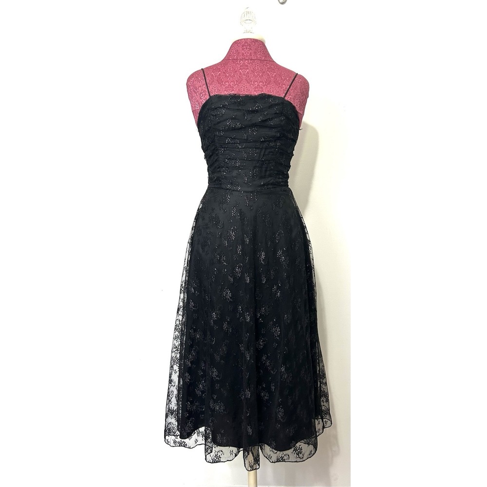 B Darlin Black Mesh Midi Dress XS Ruched Sparkle Fairy Grunge Whimsigoth Party